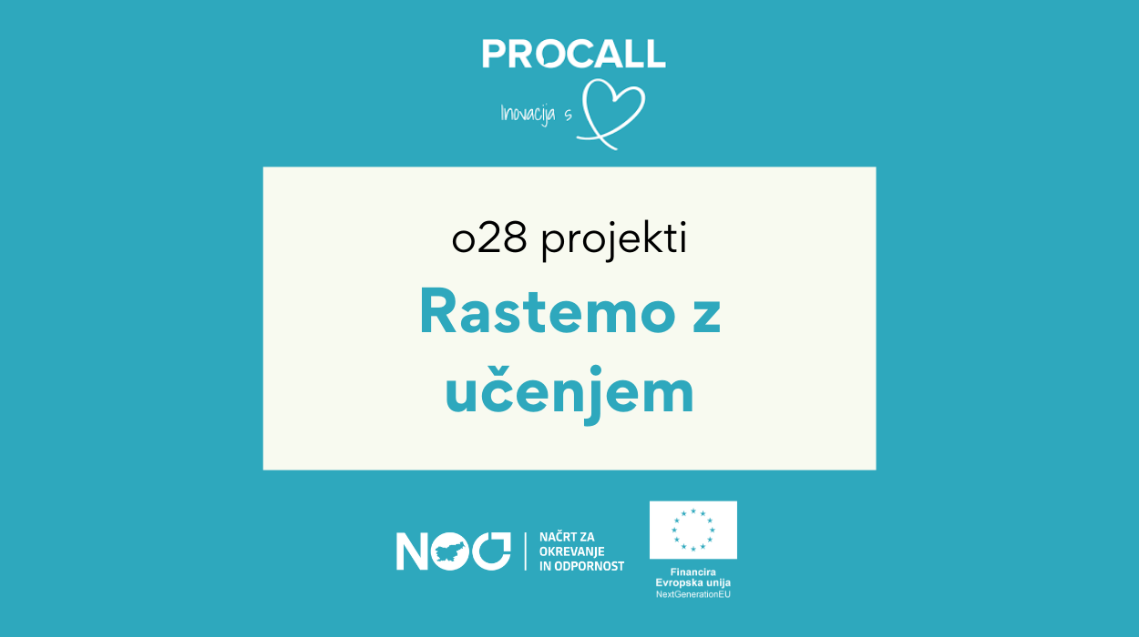 Grafika projekta o28 projekti z naslovom 'Rastemo z učenjem', partner PROCALL in oznake financiranja iz Načrta za okrevanje in odpornost ter Evropske unije NextGenerationEU.
