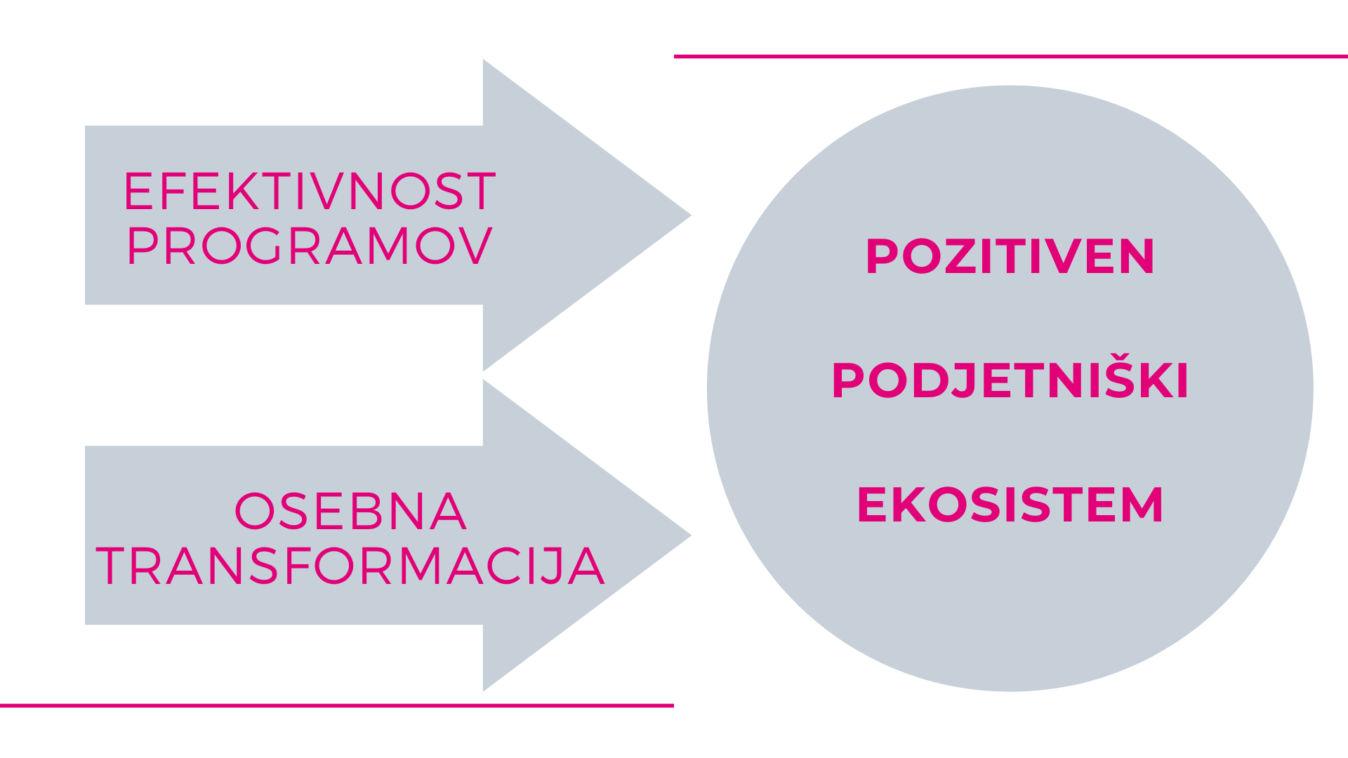 Diagram prikazuje, da učinkovitost programov in osebna transformacija vodita do pozitivnega podjetniškega ekosistema.