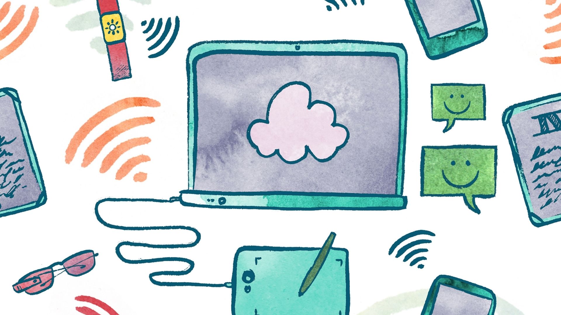 Ilustracija računalnika z oblakom in povezanimi napravami ponazarja uporabo cloud tehnologije, digitalno povezljivost in sodobno komunikacijo