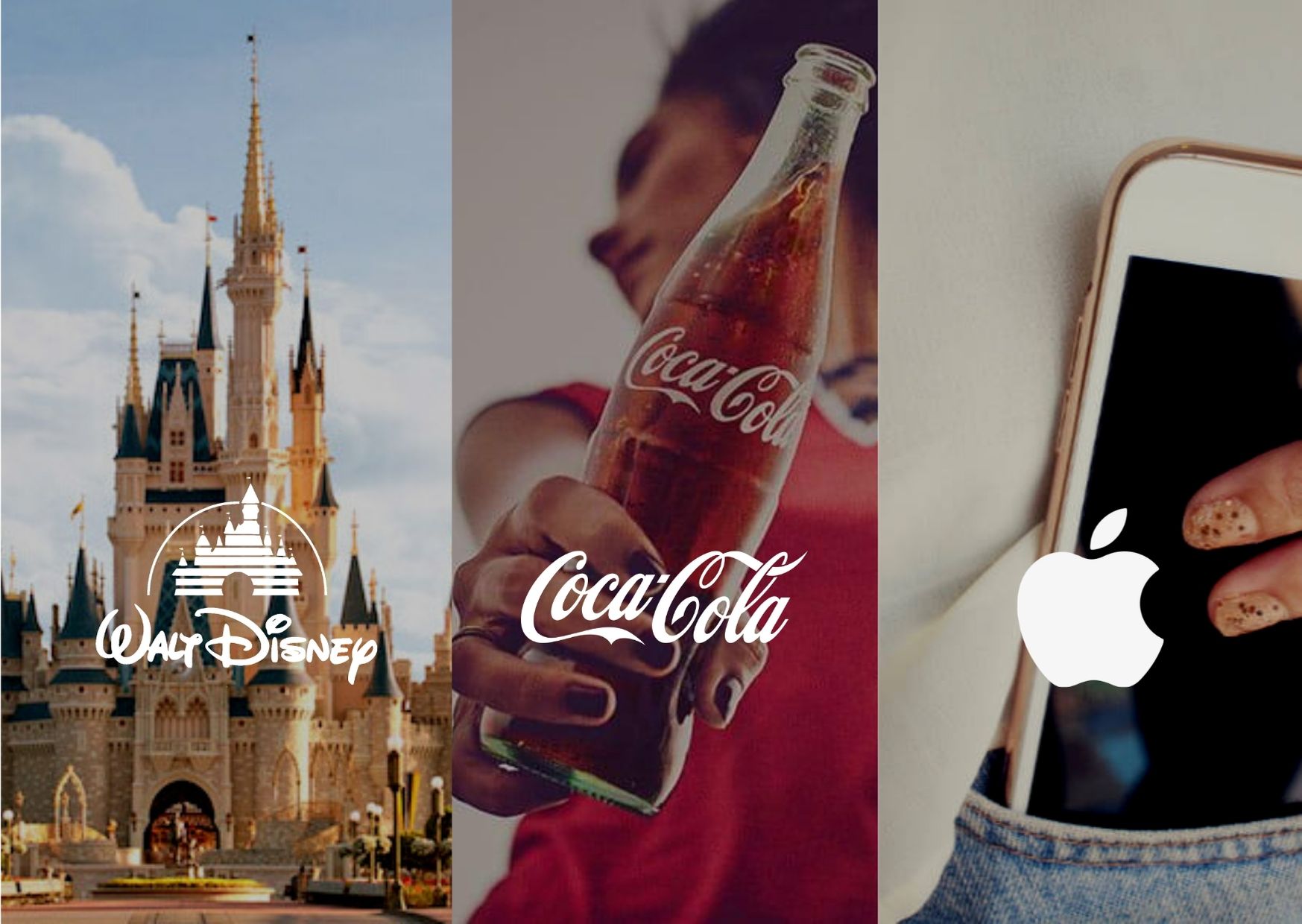 Tri prepoznavne globalne blagovne znamke: grad The Walt Disney Company kot simbol Disneyja, steklenica Coca-Cola v roki osebe ter iPhone z logotipom Apple, ki predstavljajo močno identiteto in vpliv blagovnih znamk.