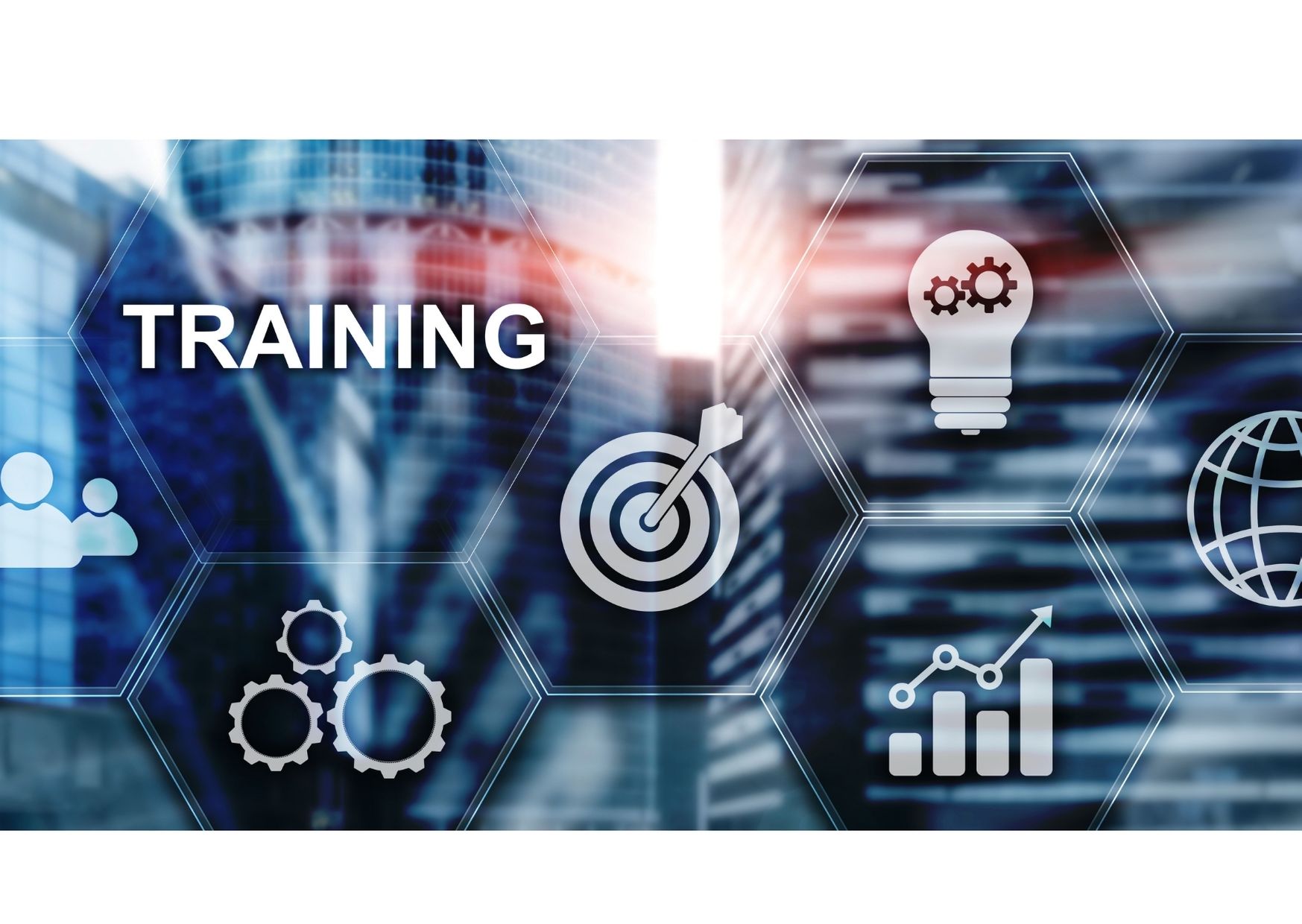 Digitalna ilustracija z napisom ‘Training’, obdana z ikonami ciljev, rasti, znanja in procesov, ki ponazarja izobraževanje, razvoj veščin in poslovno usposabljanje.