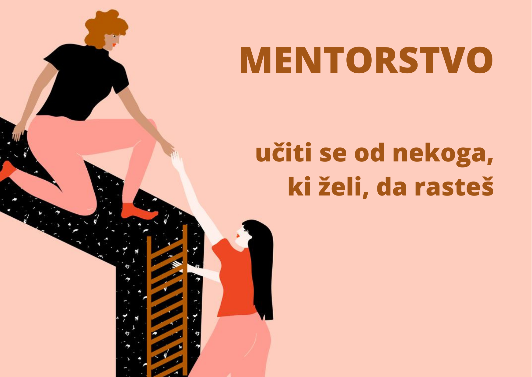 Slika prikazuje koncept mentorstva, kjer ena oseba pomaga drugi pri napredku, kar simbolizira prenos znanja, podporo ter osebno in profesionalno rast skozi učenje od izkušenejših posameznikov.