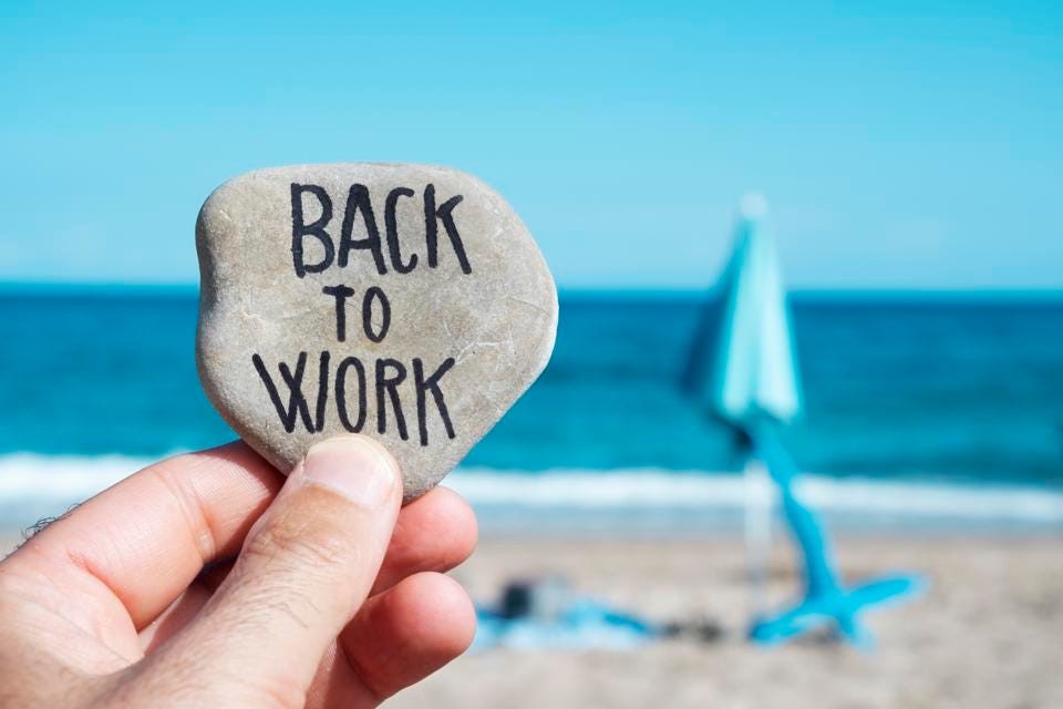 Kamen na plaži z napisom back to work