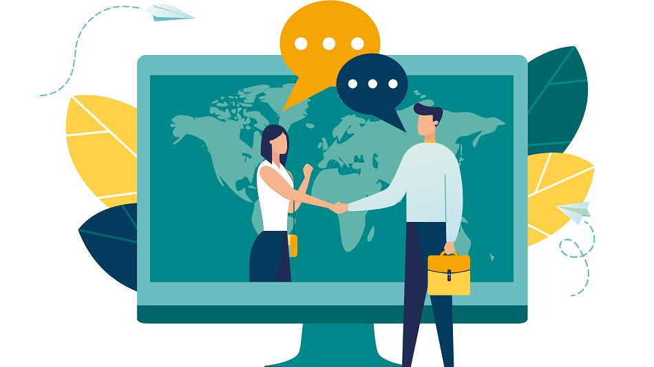 Ilustracija dveh oseb, ki si podata roko pred zaslonom z zemljevidom sveta, simbolizira globalno sodelovanje, komunikacijo in poslovna partnerstva.