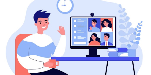 Ilustracija osebe, ki sodeluje na video sestanku preko računalnika, predstavlja online komunikacijo, delo na daljavo in virtualno sodelovanje v timu